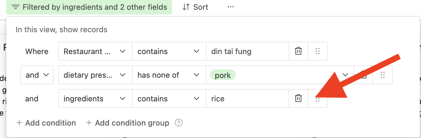 Cropped screenshot of the 'Lettuce Eat' filtering platform, with a red arrow pointed towards an example search filter showing 'ingredients contains rice', as the third filter (compounded by the alt text from the last two images.).